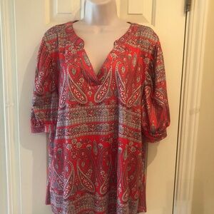 Locryz Top size XL Red & Beige Floral Paisley Comfort Stretch Tunic Short Sleeve